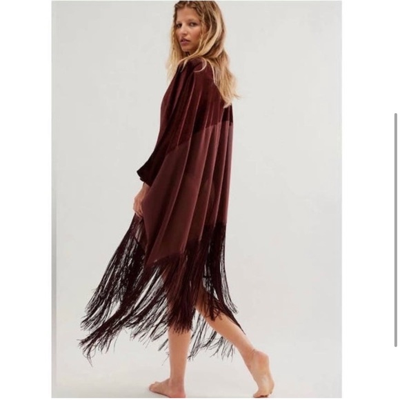 Free People Velvet Dreams Fringe Kimono Chocolate Brown - Picture 4 of 4